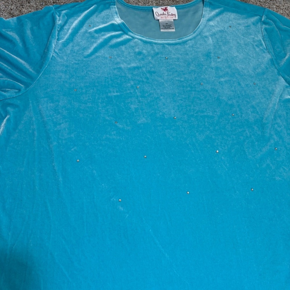 Quacker Factory Velour Top Womens 3X Blue Rhinestone Short Sleeve Stretch Tee